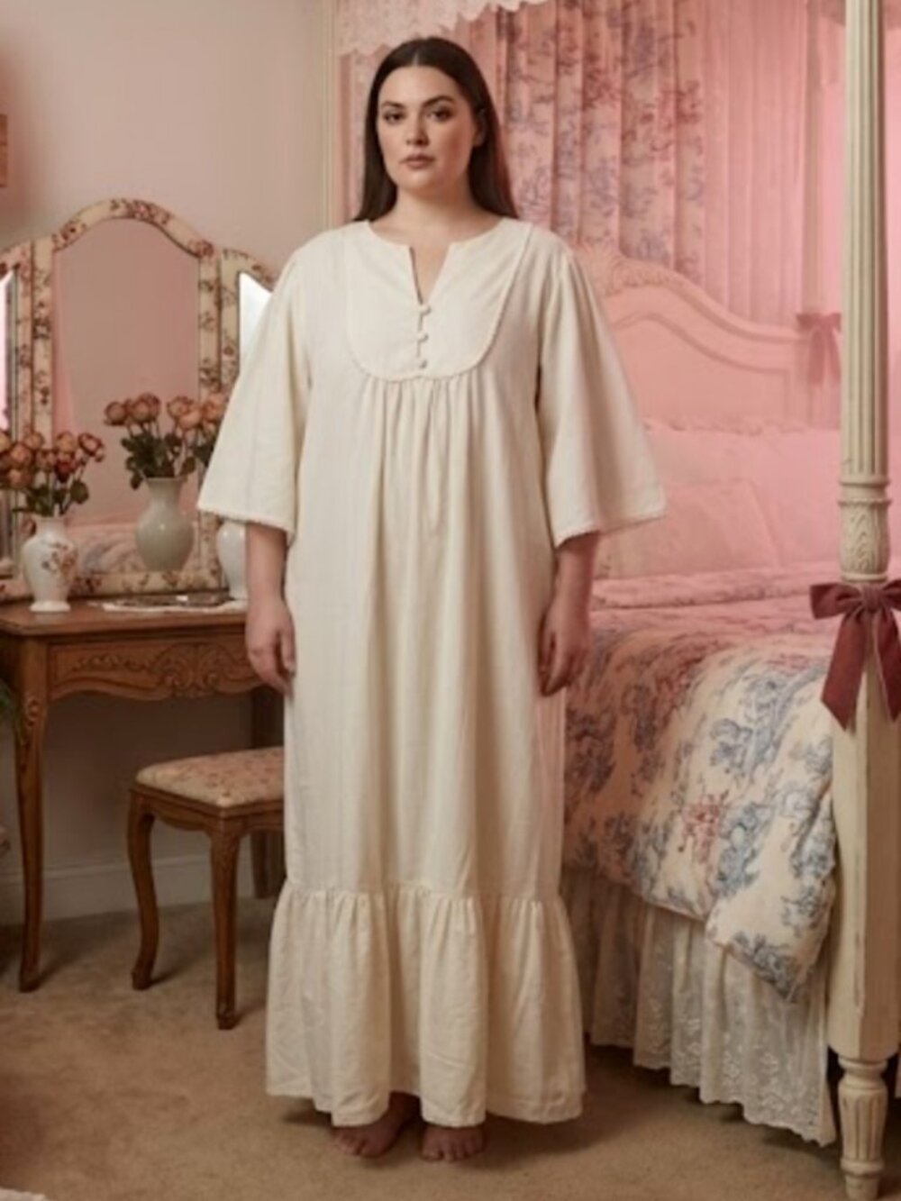 Vintage Lady Lewis Ivory Cotton Kimono Sleeve Boho Maxi Dress Sz XL